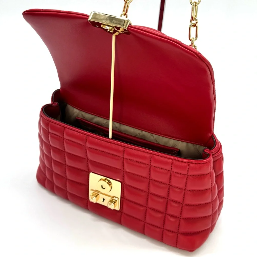 Michael Kors Tribeca Medium Quilted Leather Satchel Bag Crimson Red